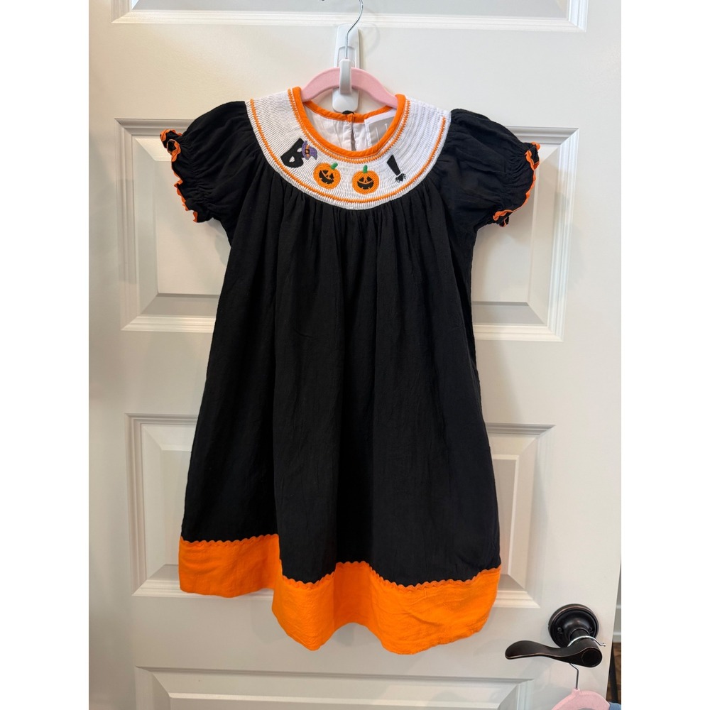 Lil Cactus Kids 4T Halloween Smocked Pumpkin Boo Black Orange Cotton Dress